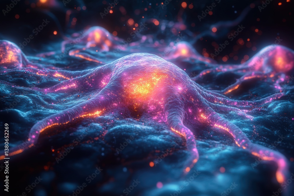 Aufkleber exploring the vibrant world of neural connections in a glowing, digital universe at twilight generat