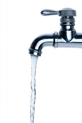Stream of Water Flowing from Chrome Faucet Against White Background