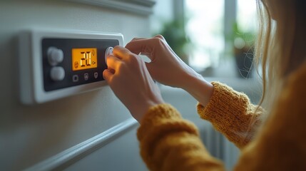 Adjusting thermostat. Hands turning dial of heater panel displaying 20 degrees on a wall