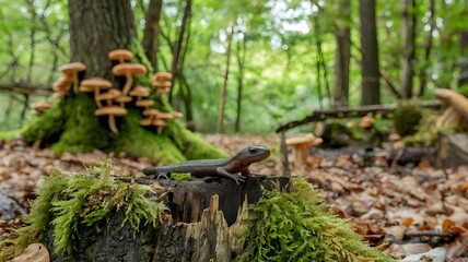 Obraz premium Salamander on Stump in Forest with Mushrooms