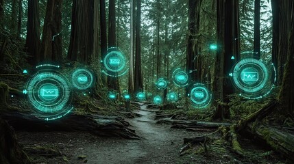 Digital data visualization engaging infographics in a peaceful forest setting