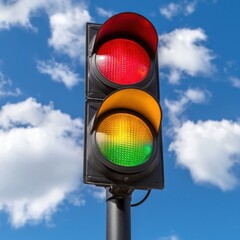 Colorful Traffic Light Against Blue Sky with White Clouds