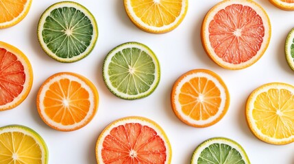 Fototapeta premium Colorful citrus slices arranged on a white background