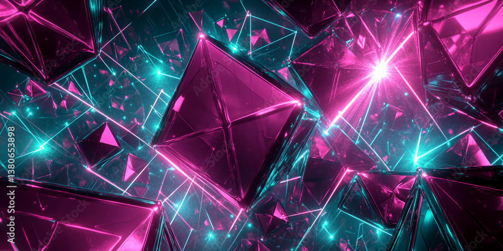 Poster Abstract image of glossy pink and teal pyramids with neon lights, creating a futuristic and energetic aesthetic, showcasing a dynamic and vibrant design, ideal for technological or gaming concepts