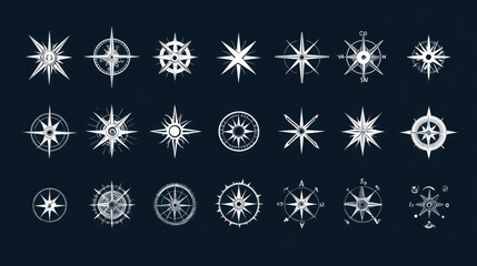 On a dark blue background, there is a group of white vector icons, among which there are compass patterns of various shapes and sizes. This design includes patterns such as circles, triangles, squares