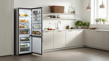 Modern refrigerator open in bright kitchen with pantry, showcasing organization
