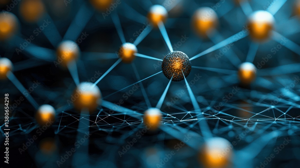 Poster abstract network visualization: interconnected golden spheres in a complex web