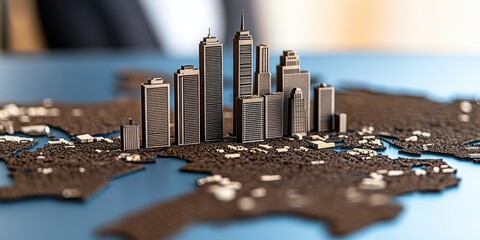 miniature cityscape model on world map, symbolizing global urbanization