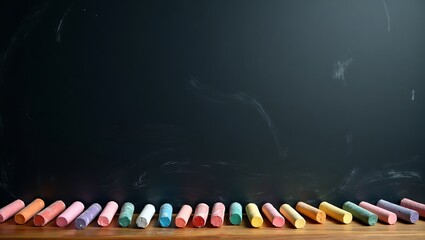 Naklejka premium Colorful chalks ready for learning on a dark chalkboard background Back to school concept with