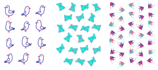 Minimalist illustrations of birds, abstract shapes, and fish in a vibrant color palette of blue, pink, and cyan