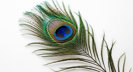 Obraz premium Single Peacock Feather, Eye Close-up, White Background AI Generated