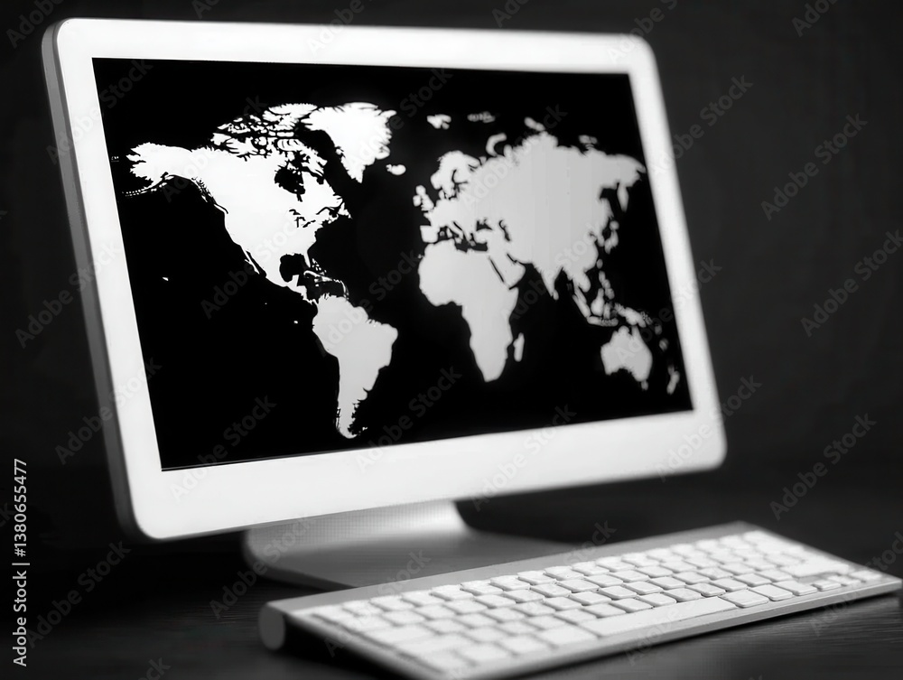 Poster black and white world map displayed on computer monitor screen