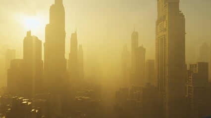 Obraz premium This long shot captures a polluted city skyline enveloped in a yellow haze with minimal sunlight. The atmospheric perspective emphasizes urban density and environmental concerns.