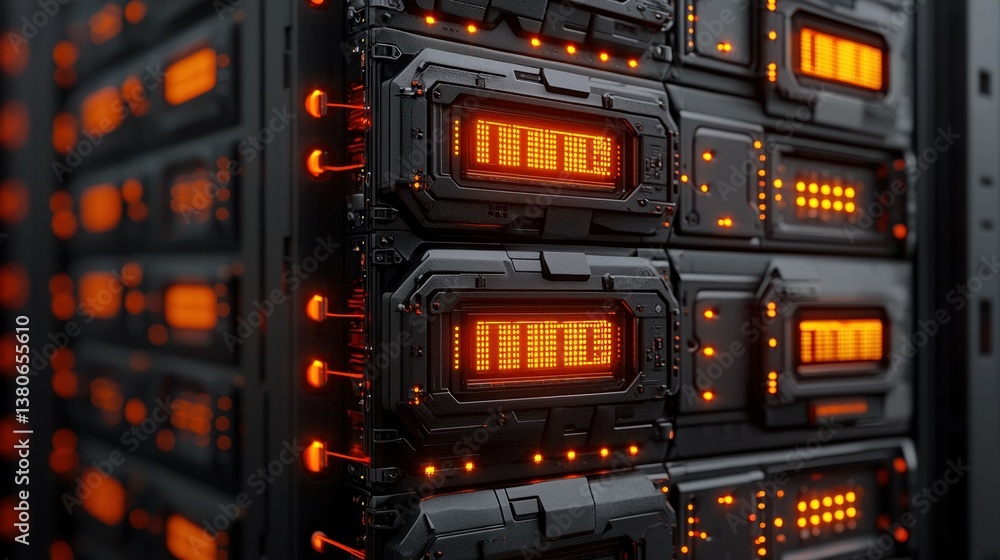 Poster futuristic server rack: high-tech data center infrastructure with illuminated led displays