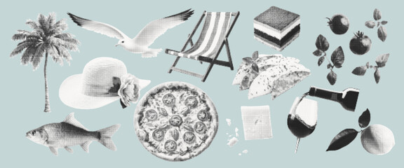 Mediterranean summer halftone collage elements pizza, palma tree, tomato, lemon, wine, seagull, fish, cheese, hat, beach lounger. Dolce vita aesthetics. Vector. © Olgadesigner