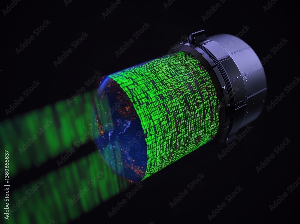Poster high-tech lens projecting green digital data visualization effect