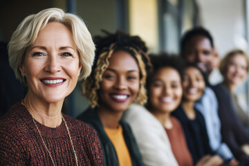 Obraz premium Smiling Faces and Team Spirit: Diverse Group of Women Embrace Generational Connection and Female Empowerment in a Joyful Community Setting