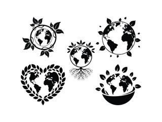 Earth with Flowers Silhouettes Vector Set - Botanical Planet Design