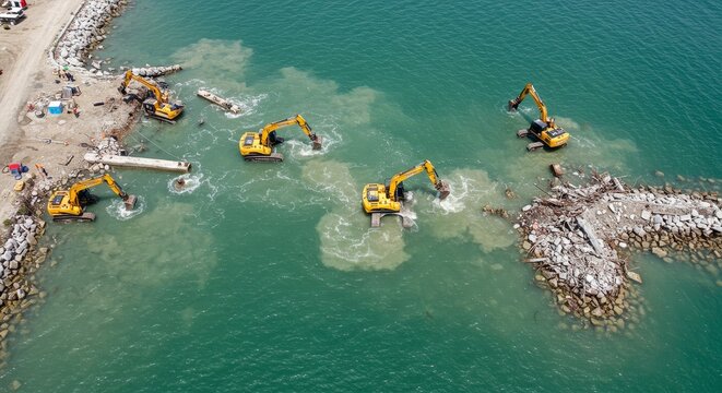 Underwater Construction Site Excavators at Work - Aerial view of underwater construction, excavators dredging, debris removal, coastal development, marine engineering