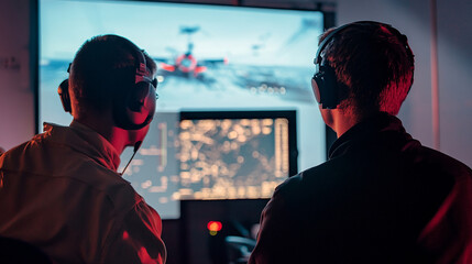 Flight simulator instructor guiding a trainee pilot