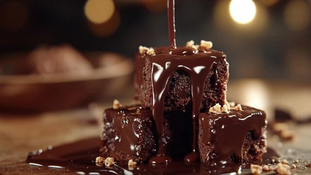 Three Chocolate Brownies Drizzled with Melted Chocolate on Wooden Board