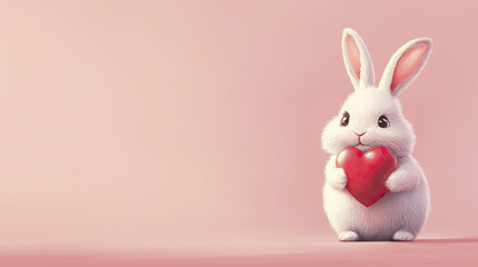 Obraz premium Cute rabbit holding red heart, symbolizing love and affection, with soft pink background creating warm atmosphere
