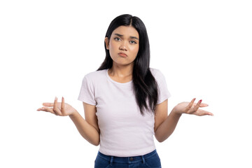 Young Asian woman with a confused expression, shrugging her shoulders and raising her hands,...