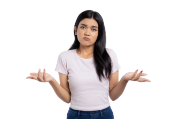 Young Asian woman with a confused expression, shrugging her shoulders and raising her hands, isolated on transparent background