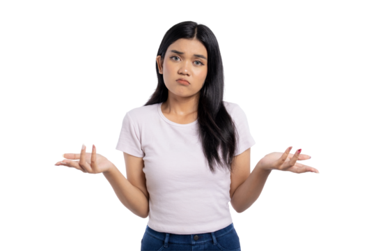 Young Asian woman with a confused expression, shrugging her shoulders and raising her hands, isolated on transparent background