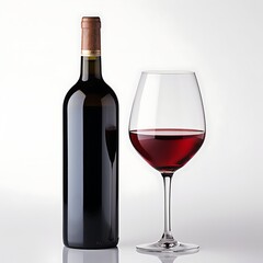 Fine Wine Tasting: A captivating studio shot of a wine bottle and a wine glass, both filled with rich, crimson red wine, epitomizing the elegance of a sophisticated tasting experience. 