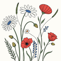 Wildflower and Meadow Flora with Stem Vector Set