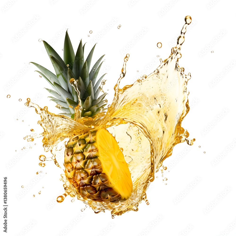 Poster pineapple burst: a vibrant, close-up image showcases the explosive juiciness of a sliced pineapple, 