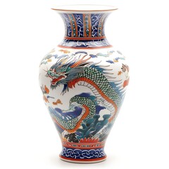 Asian Dragon Vase: An exquisite, intricately painted vase showcasing a majestic Asian dragon with vibrant colors, embodying the rich cultural heritage of traditional artistry.