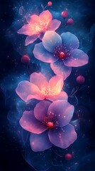 Glowing Pink and Purple Flowers Against a Cosmic Background with Soft Accents