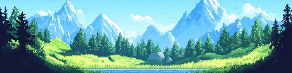 A serene landscape featuring a tranquil lake surrounded by lush greenery and majestic mountains under a clear blue sky, ideal for nature-themed backgrounds or relaxation imagery