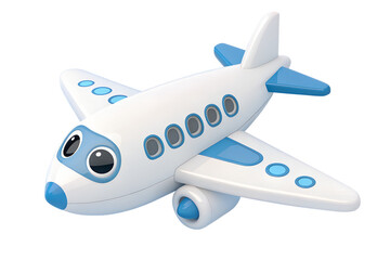 Fototapeta premium Flying plane icon. Cute, cartoon 3d realistic white airplane with blue portholes and wings, perspective view