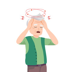 Dizzy senior man fainting, falling down. Old senior person feeling unwell, unhealthy, dizziness, vertigo, headache. Elderly man falls from weakness.