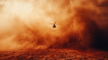 Obraz premium Helicopter Flying Through Dust Storm Over Brown Landscape