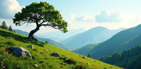 A solo tree branch stretching towards a distant hill, natural scenery, wilderness, foliage