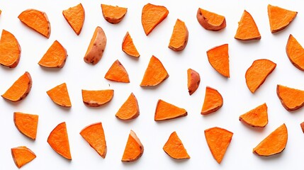 Sweet potato slices, geometric pattern, white background, healthy food