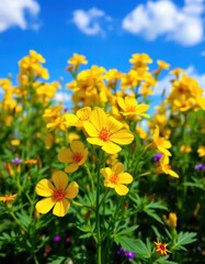 Fototapeta premium Bright yellow and orange Bacopa monnieri blossoms against a vivid blue sky in a vibrant herbal garden, wallpaper, botanical