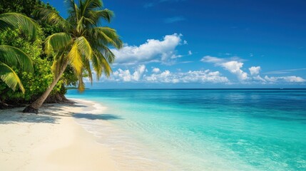 Fototapeta premium Idyllic tropical beach paradise with palm trees, pristine sand, and crystal-clear turquoise water