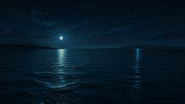 This video shows a calm night scene over a vast ocean. The full moon shines brightly in the starry sky. Perfect for any creative project that requires a touch of serenity and natural beauty. 4k