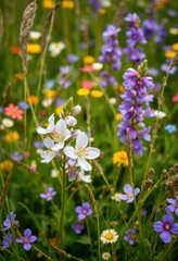 Obraz premium Delicate Campanula blossoms amidst a vibrant meadow of wildflowers and grasses, herbaceous, flowers