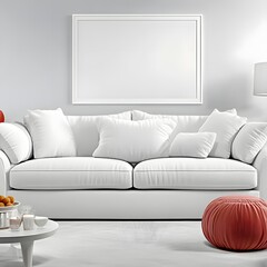 Elegant Minimalist Living Room Featuring a Plush White Sofa with Decorative Cushions and Accessories