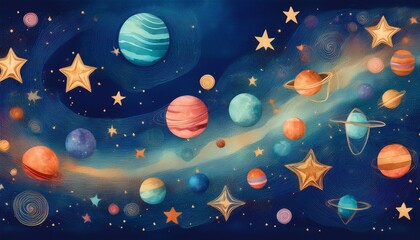 Fototapeta premium creative and beautiful border frame of bright and colorful stars and planets background, science graphic resource