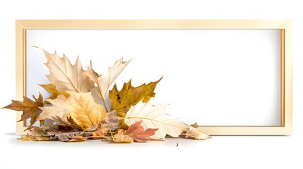 Autumn Leaves in Warm Hues Placed Elegantly Around a Wooden Frame with White Background