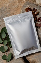 Silver packaging sits on a stone surface surrounded by green leaves and dried plants in a natural setting