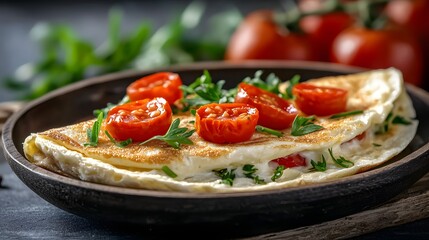 Delicious Homemade Omelette Topped with Fresh Tomatoes and Parsley Served on a Rustic Plate