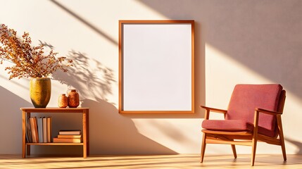 Bright And Spacious Interior Featuring A Decorative Empty Frame, Cozy Chair, And Potted Plant